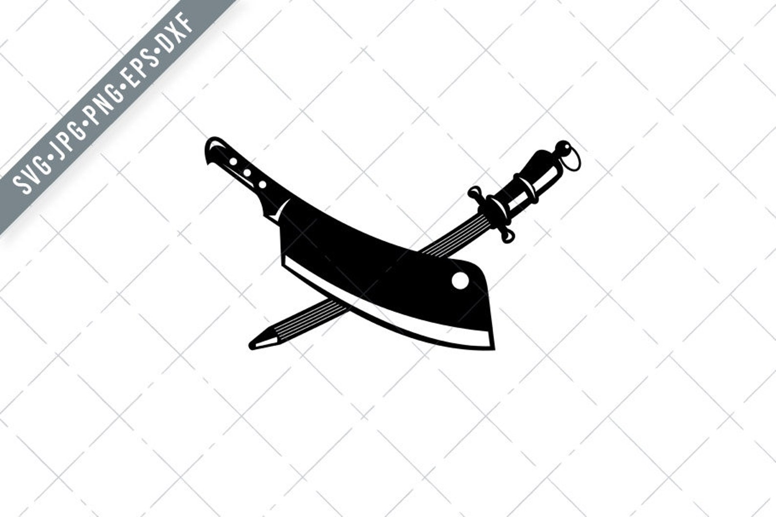 Crossed Butcher Knife Meat Cleaver and Sharpener Steel Rod Etsy