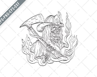 Grim Reaper Fireman Firefighter Hat and Fire Axe Drawing Tattoo Svg-Grim Reaper Fireman Tattoo SVG-Firefighter Tattoo Cut File-DXF-jpg-png