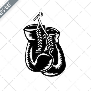 Paire de gants de boxe suspendu sur nail Rétro Woodcut Noir et Blanc Svg-boxeur SVG-Cut File-DXF-jpg-png