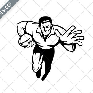 Jogador de rugby correndo com bola se defendendo retro preto e branco Svg-rugby union SVG-Cut File-DXF-jpg-png