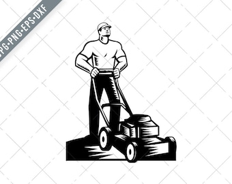 Gardener or Groundskeeper With Lawn Mower Mowing Woodcut Retro Svg-Groundskeeper SVG-Gardener Cut File-Lawn Mower DXF-jpg-png