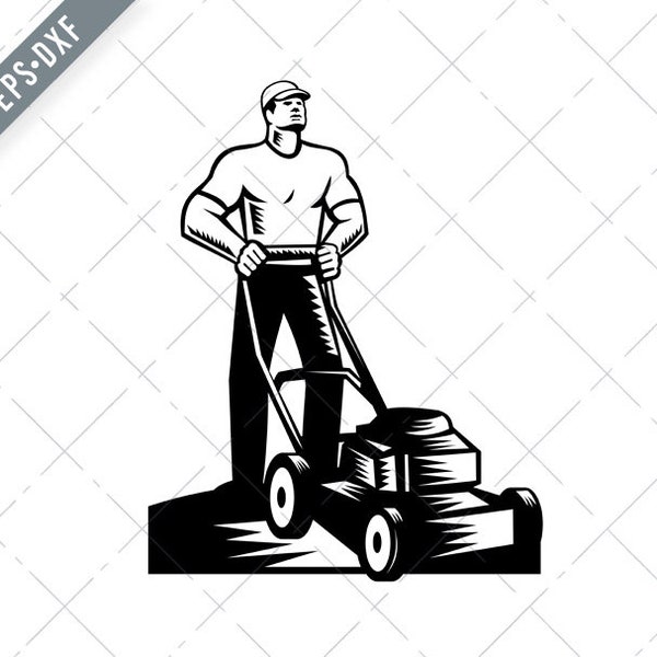 Gardener or Groundskeeper With Lawn Mower Mowing Woodcut Retro Svg-Groundskeeper SVG-Gardener Cut File-Lawn Mower DXF-jpg-png