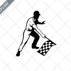 Op de afbeelding: Een zwart-wit silhouet van een persoon die een geblokte vlag vasthoudt en deze naar de zijkant zwaait.