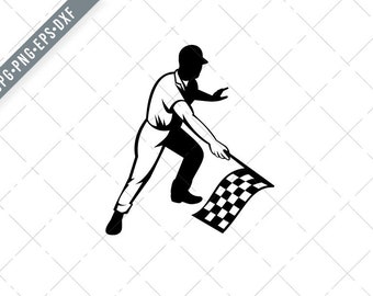 Flagman Race Official Waving Checkered ou Chequered Flag Finish Line Retro Retro Noir et Blanc Svg-racing drapeau SVG-Cut File-DXF-jpg-png