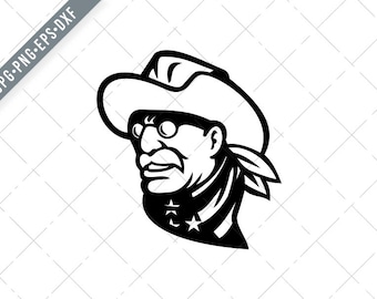 Head of American President Theodore Roosevelt Jr Side View Mascot Black and White Svg-Teddy SVG-Cut File-American statesman DXF-jpg-png