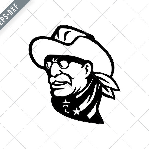 Head of American President Theodore Roosevelt Jr Side View Mascot Black and White Svg-Teddy SVG-Cut File-American statesman DXF-jpg-png