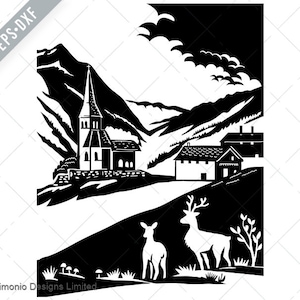 May include: Black and white illustration of a mountain village scene. A church with a tall steeple sits on a hill, with houses and mountains in the background. Two deer stand in the foreground.