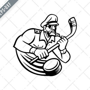 May include: Black and white illustration of a hockey player wearing a military style hat and holding a hockey stick. The player is in a dynamic pose, ready to shoot the puck.