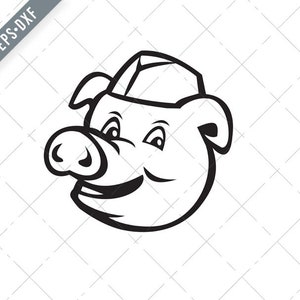 Cabeza de cerdo carnicero que lleva sombrero sonriente dibujos animados negro y blanco svg-carne trabajador SVG-Cut File-DXF-jpg-png