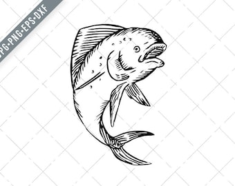 Mahi-mahi Dorado Dolphinfish Jumping Etching Black and White SVG-Mahi-mahi SVG-Dorado Cut File-Dolphinfish DXF-jpg-Dolphinfish png