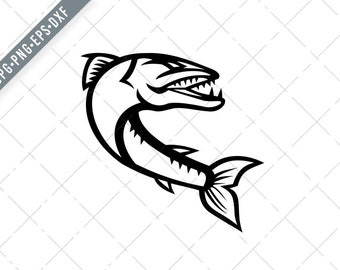 Great Barracuda Jumping Retro Mascot Black and White SVG-Barracuda SVG-Barracuda Cut File-Great Barracuda DXF-jpg-Great Barracuda png