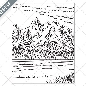 Teton Range in Grand Teton Nationalpark Mono Linie Kunst schwarz und weiß Svg-Grand Teton SVG-Mono Linie Kunst geschnitten Datei-DXF-Nationalpark jpg-png