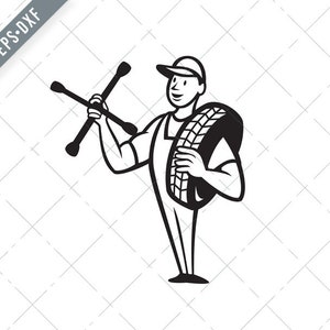 tire mechanic with tire socket cartoon Black and White SVG-tire mechanic SVG-mechanic Cut File-mechanic DXF-jpg-tire mechanic png