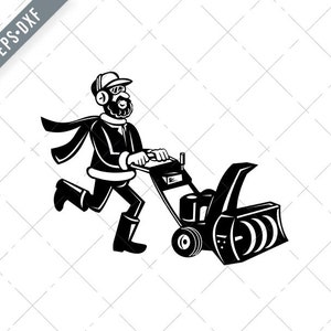 Homme poussant une souffleuse à neige ou un dessin animé de lance-neige rétro noir et blanc Svg-Snowblower SVG-Cut File-DXF-jpg-png