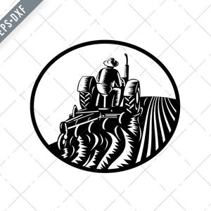 Agriculteur biologique conduisant vintage Farm Tractor Labourwing Field Circle Retro Monochrome Svg-Farm Tractor SVG-Farmer Cut File-Tractor DXF-jpg-png