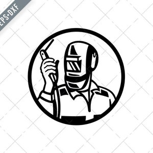 Welder Fabricator Holding Welding Torch Circle Retro Black and White SVG-Arc Welding SVG-Welder Cut File-Welding DXF-jpg-Fabricator png