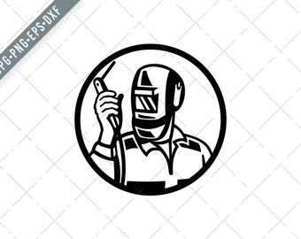 Welder Fabricator Holding Welding Torch Circle Retro Black and White SVG-Arc Welding SVG-Welder Cut File-Welding DXF-jpg-Fabricator png