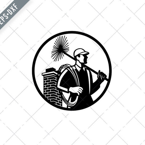Schornsteinfeger Holding Sweeper und Seil Kreis Retro schwarz und weiß SVG-Chimney Sweep SVG-Sweeper geschnitten Datei-DXF-jpg-png