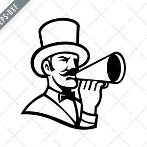 May include: Black and white line drawing of a person wearing a top hat and holding a megaphone to their mouth.