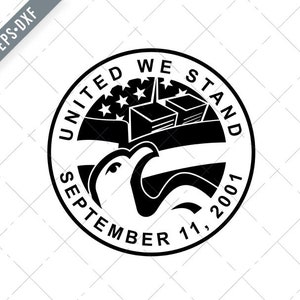 May include: Black and white illustration of a bald eagle with wings spread, holding a building in its talons. The eagle is surrounded by a circle with the text "United We Stand September 11, 2001".