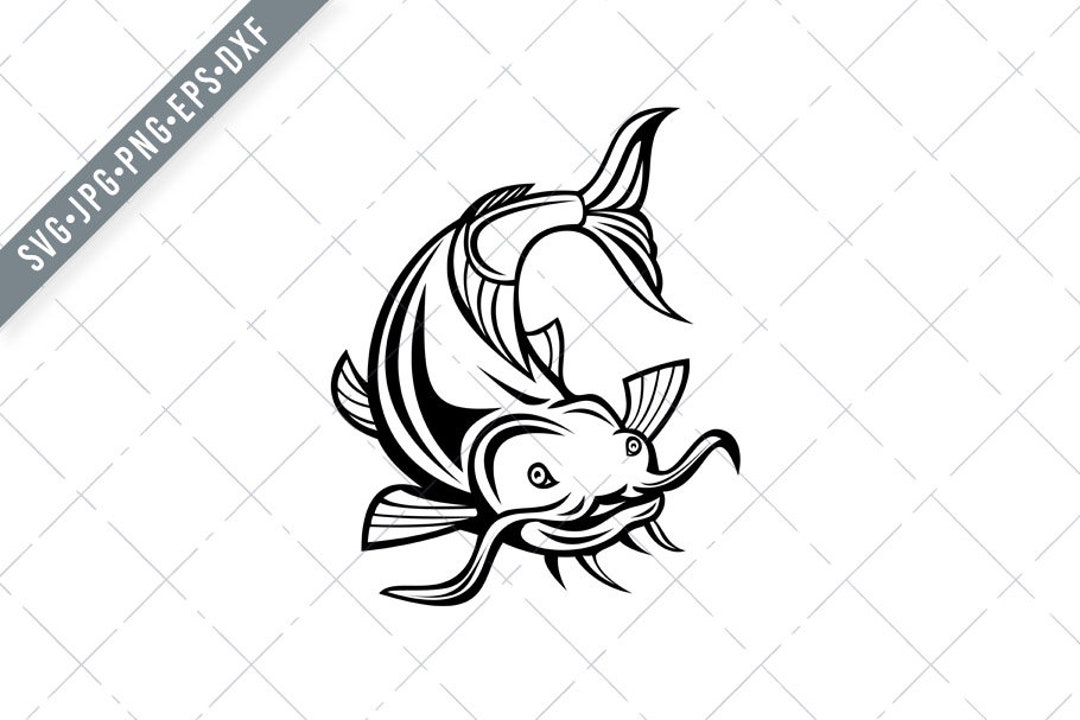 Catfish or Wels Catfish Attacking Front Cartoon Black and White Svg