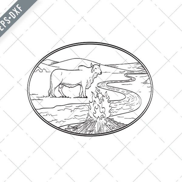 Brahman Bull Standing with Winding River or Creek Mountain Range and Campfire Line Art Drawing Tattoo Style Svg-SVG-Cut File-DXF-jpg-png