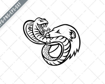 King Cobra Snake and Mongoose Fighting Biting and Attacking Mascot Retro Black and White Svg-Cobra SVG-Mongoose Cut File-DXF-jpg-png