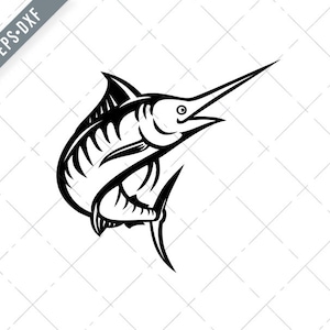 May include: Black and white illustration of a marlin fish leaping out of the water. The marlin has a long, pointed bill and a large, powerful body.