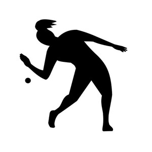 May include: Black and white silhouette of a person throwing a ball.