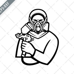 May include: Black and white illustration of a person wearing a respirator mask and holding a spray gun.