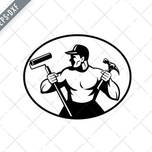 Builder Handyman Painter or Carpenter Holding Hammer and Paint Roller Retro Black and White  Svg-Handyman SVG-Cut File-DXF-jpg-png