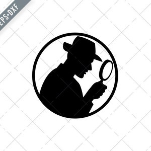 Detective With Magnifying Glass Silhouette Circle Black and White Svg-private investigator SVG-Detective Cut File-private eye DXF-jpg-png