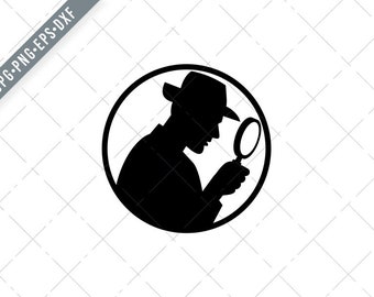 Detective With Magnifying Glass Silhouette Circle Black and White Svg-private investigator SVG-Detective Cut File-private eye DXF-jpg-png