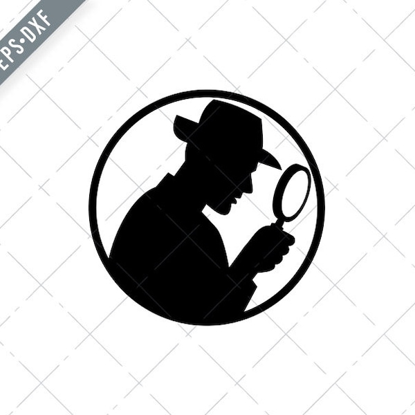 Detektiv mit Lupe Silhouette Kreis schwarz und weiß Svg-private Ermittler SVG-Detektiv geschnitten Datei-private Auge DXF-jpg-png