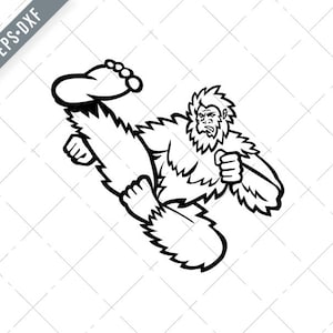 May include: Black and white line art illustration of a Bigfoot or Sasquatch kicking with a powerful roundhouse kick.