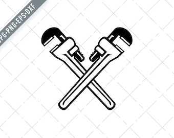 Crossed Adjustable Pipe Wrench or Monkey Wrench Retro Black and White Svg-plumber SVG-plumbing Cut File-DXF-jpg-png