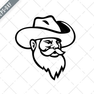 Op de afbeelding: Zwart-witte lijntekening van een man met een cowboyhoed en een grote baard. De man kijkt naar rechts.