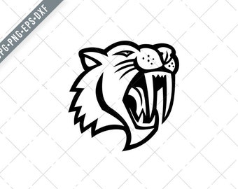 Angry Saber Toothed Cat Head Mascot Black and White Svg-Smilodon SVG-Saber Tooth Cut File-DXF-jpg-png