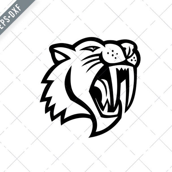 Wütende Säbel Zahn Katze Kopf Maskottchen schwarz und weiß Svg-Smilodon SVG-Säbel Zahn geschnitten Datei-DXF-jpg-png