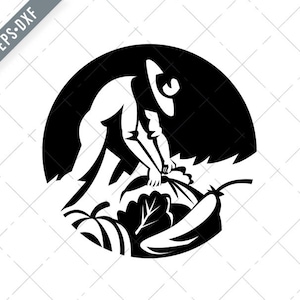 Cultivateur biologique Récolte de légumes de ferme Rétro Noir et Blanc Svg-Organic Farmer SVG-Harvesting Cut File-DXF-jpg-png