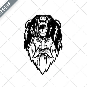 Peut inclure: Illustration en noir et blanc d'un visage d'homme avec une tête d'ours comme chapeau. La gueule de l'ours est ouverte et l'homme a une barbe.