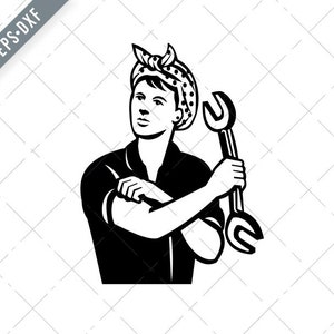 May include: Black and white illustration of a woman wearing a bandana and holding a wrench. She is standing with her arms crossed and looking to the side.