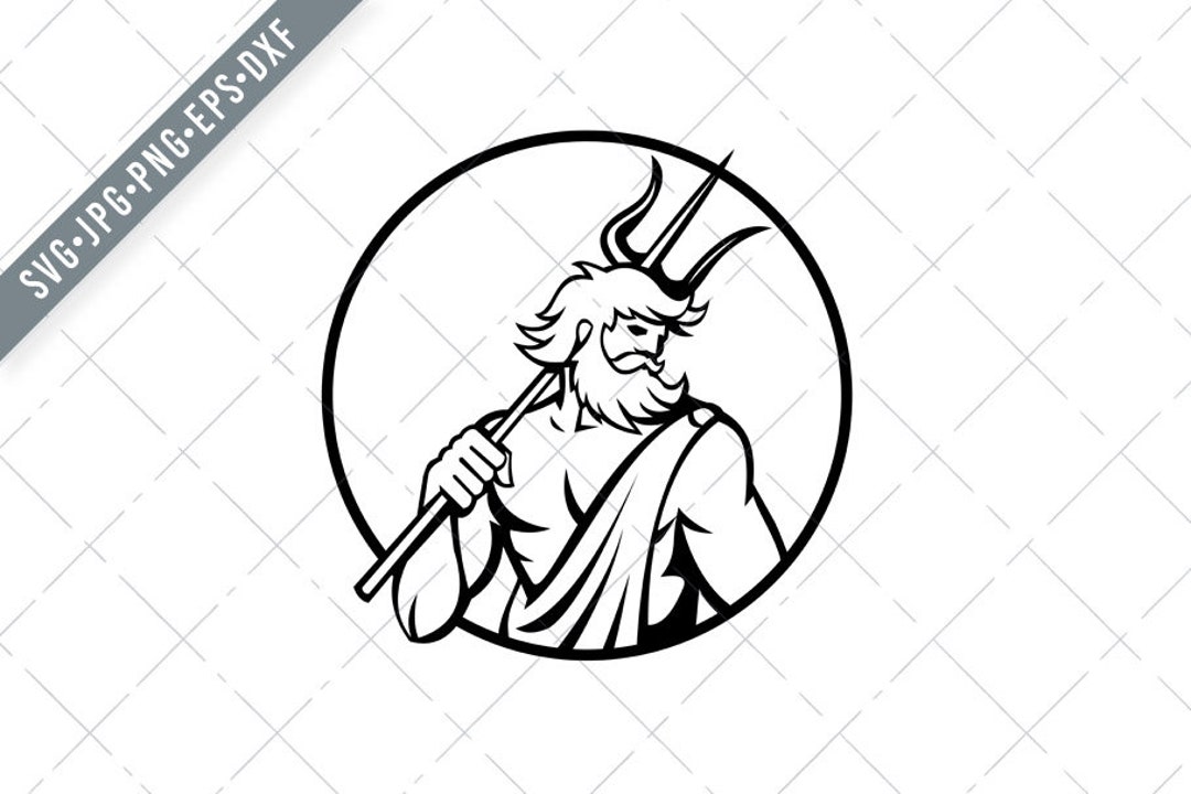 Roman God of Sea Neptune or Poseidon Holding Trident Circle Retro Black ...
