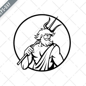 May include: Black and white line art illustration of a mythical god holding a trident. The god is depicted with a beard and long hair. The illustration is set within a circle.