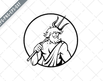 Dios romano del mar Neptuno o Poseidón sosteniendo Tridente Círculo Retro Negro y Blanco Svg-SVG-Cut Archivo-DXF-jpg-png