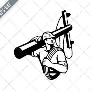 May include: Black and white illustration of a lineman carrying a utility pole on his shoulder. He is wearing a hard hat and work clothes.