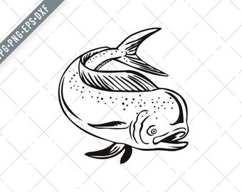 Dorado Mahi-mahi or Common Dolphinfish Jumping Up Retro Black and White Svg-Mahi-mahi SVG-Dorado Cut File-DXF-jpg-png