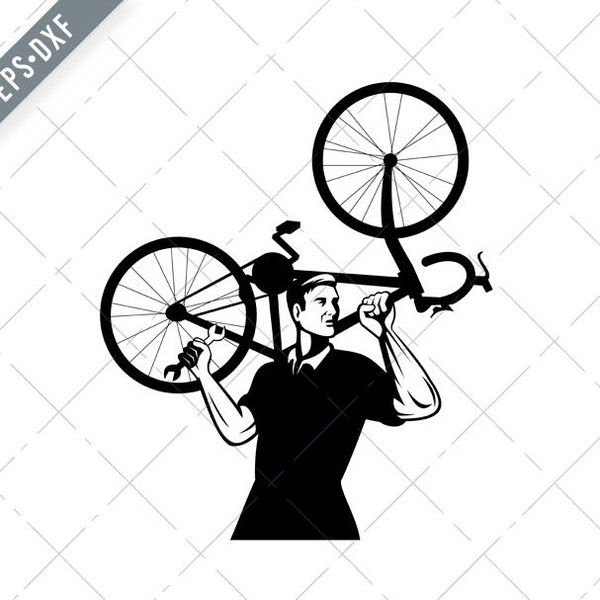 Bicycle Mechanic Carrying Bike on Shoulder and Holding Spanner Wrench Retro Black White Svg-Bike Mechanic SVG-Bicycle Cut File-DXF-jpg-png