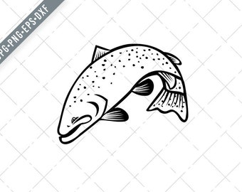 Steelhead Columbia River Redband Trout or Coastal Rainbow Trout Jumping Cartoon Black and White Svg-Steelhead Trout SVG-Cut File-DXF-jpg-png