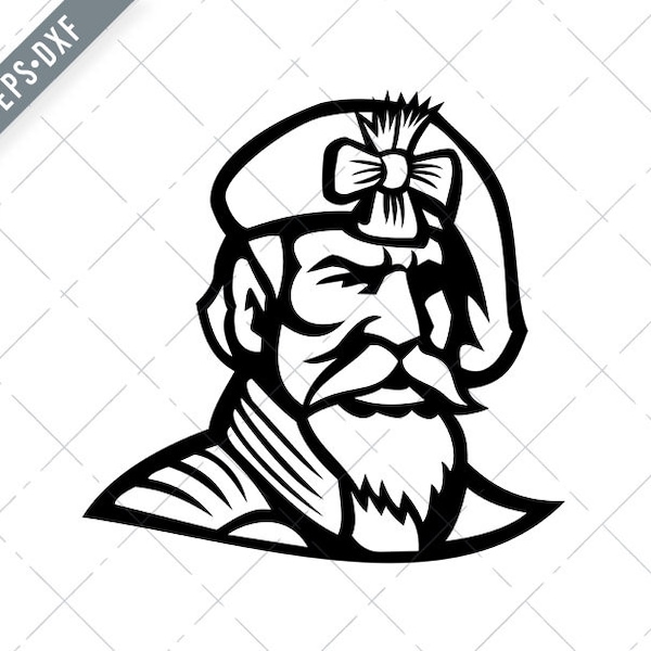 Head of Jacobite Highlander Wearing Beret Mascot Black and White Svg-Highlander SVG-Jacobite Cut File-DXF-jpg-png